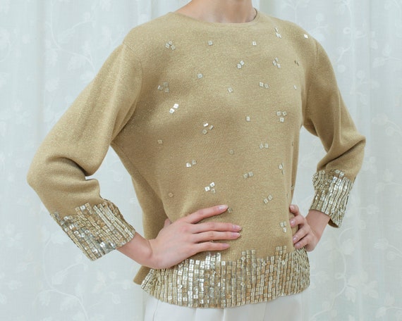 80s gold sequin sweater large | metallic paillett… - image 5