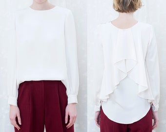 90s white silk oscar de la renta blouse | 6 medium silk puff sleeve pleated tiered back blouse | minimalist evening blouse | minimal satin