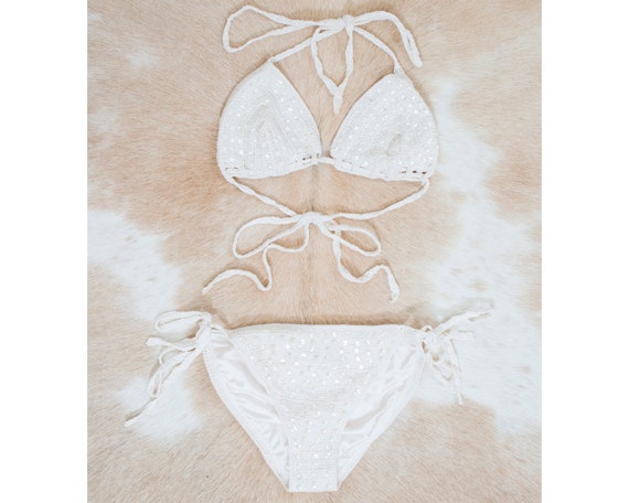 90s xs cream sequin crochet knit bikini | bohemian