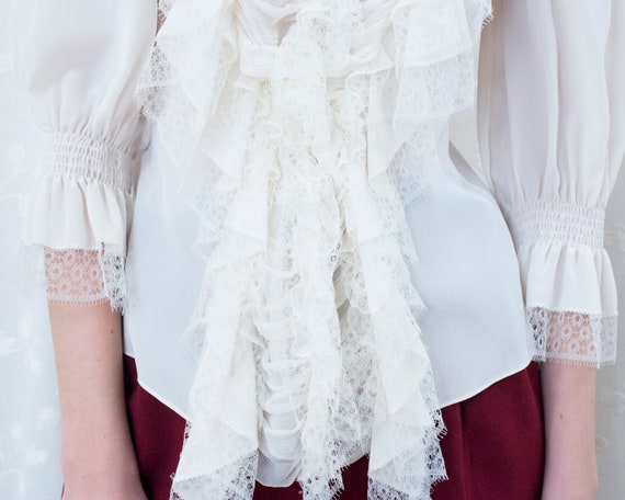 90s oscar de la renta white silk lace puff sleeve… - image 4