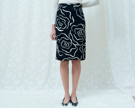 80s black floral silk pencil skirt large | 33 wai… - image 3