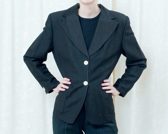 80s black linen power suit blazer medium | giorgio