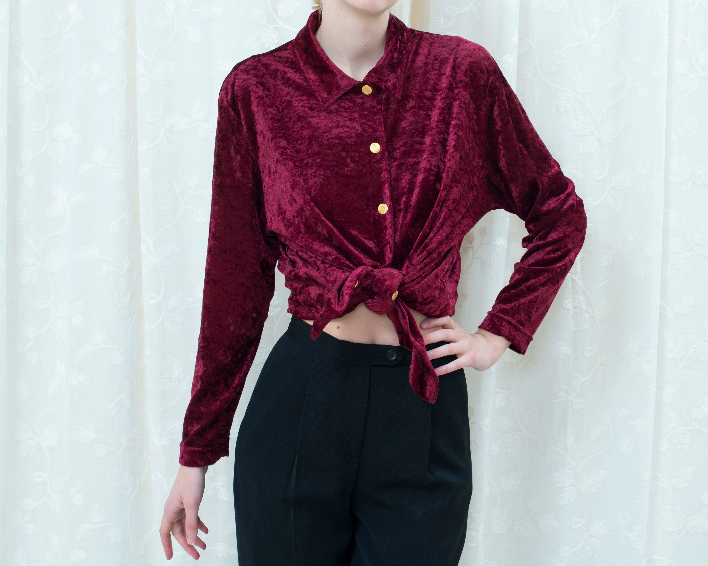 80s Dark Red Velvet Blouse Medium Wine 
