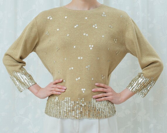 80s gold sequin sweater large | metallic paillett… - image 3