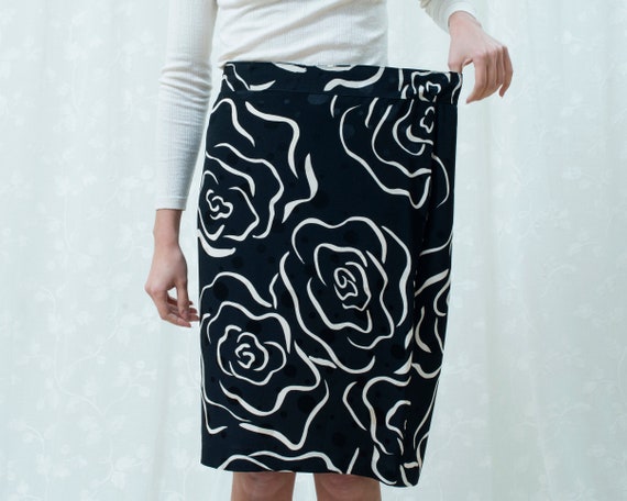 80s black floral silk pencil skirt large | 33 wai… - image 7