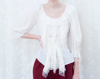 90s oscar de la renta white silk lace puff sleeve blouse | romantic ruffle collar peasant pirate blouse | minimalist sheer evening blouse