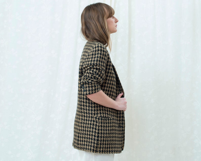 houndstooth jacket 80s black tan houndstooth power blazer large preppy minimalist wool power suit blazer minimal two button blazer