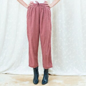 90s red plaid cotton high waisted pants drawstring wide leg trousers high rise minimalist pants minimal high waist tapered trousers image 2