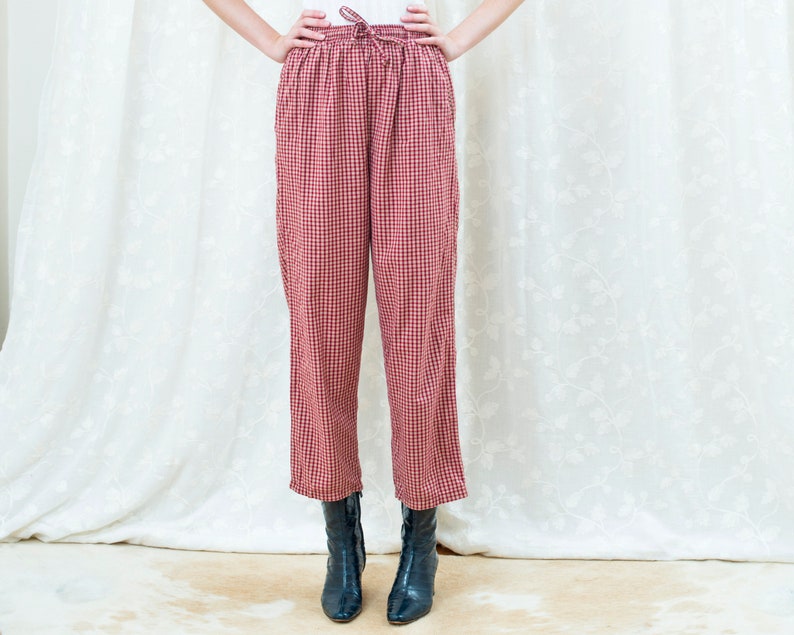 90s red plaid cotton high waisted pants drawstring wide leg trousers high rise minimalist pants minimal high waist tapered trousers image 2