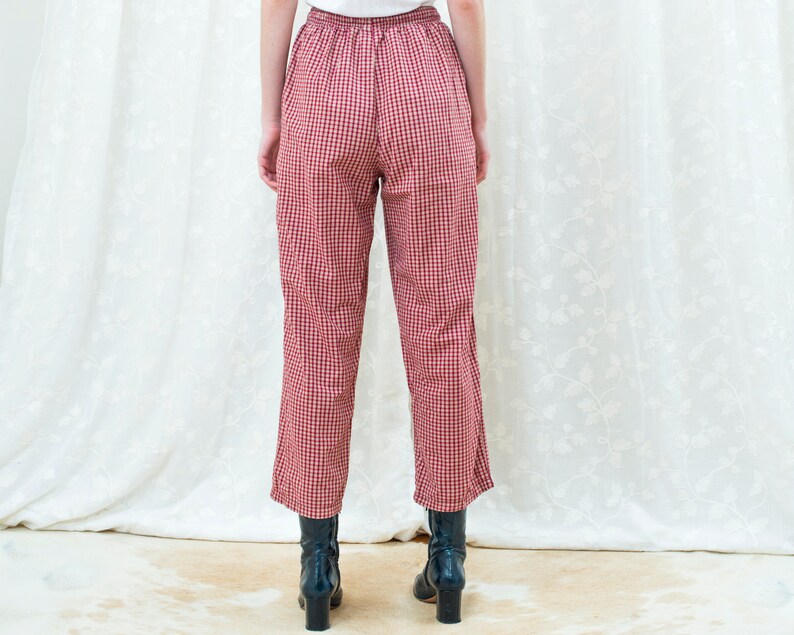 90s red plaid cotton high waisted pants drawstring wide leg trousers high rise minimalist pants minimal high waist tapered trousers image 5