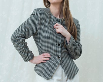 80s black houndstooth blazer medium | minimalist wool blazer | minimal jacket | nip waist jacket | preppy black white blazer