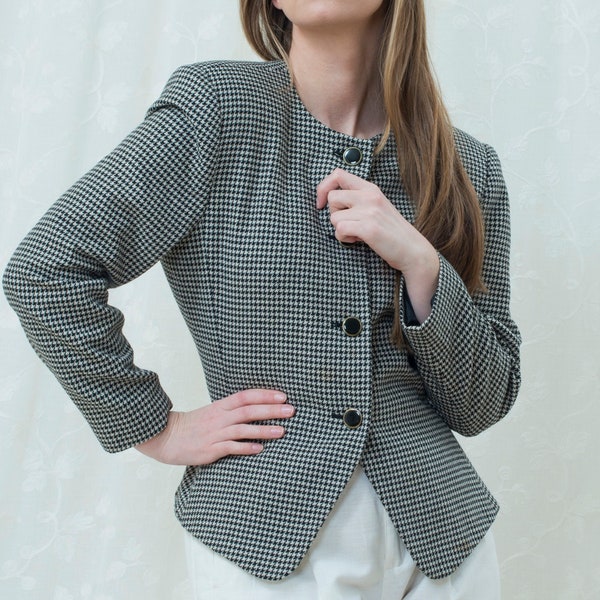 80s black houndstooth blazer medium | minimalist wool blazer | minimal jacket | nip waist jacket | preppy black white blazer