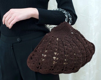 70s brown crochet clam shell purse | plastic round handle purse | crochet knit pouch handbag | dark brown mod crochet evening bag