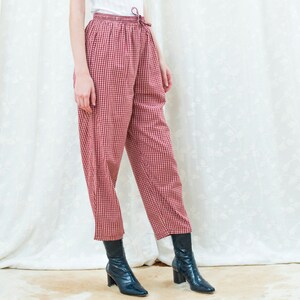 90s red plaid cotton high waisted pants drawstring wide leg trousers high rise minimalist pants minimal high waist tapered trousers image 3