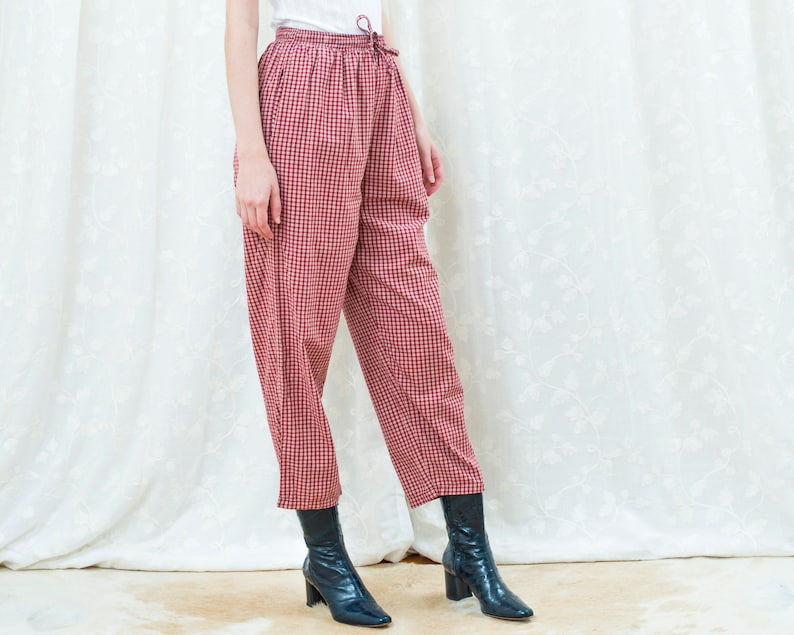 90s red plaid cotton high waisted pants drawstring wide leg trousers high rise minimalist pants minimal high waist tapered trousers image 3