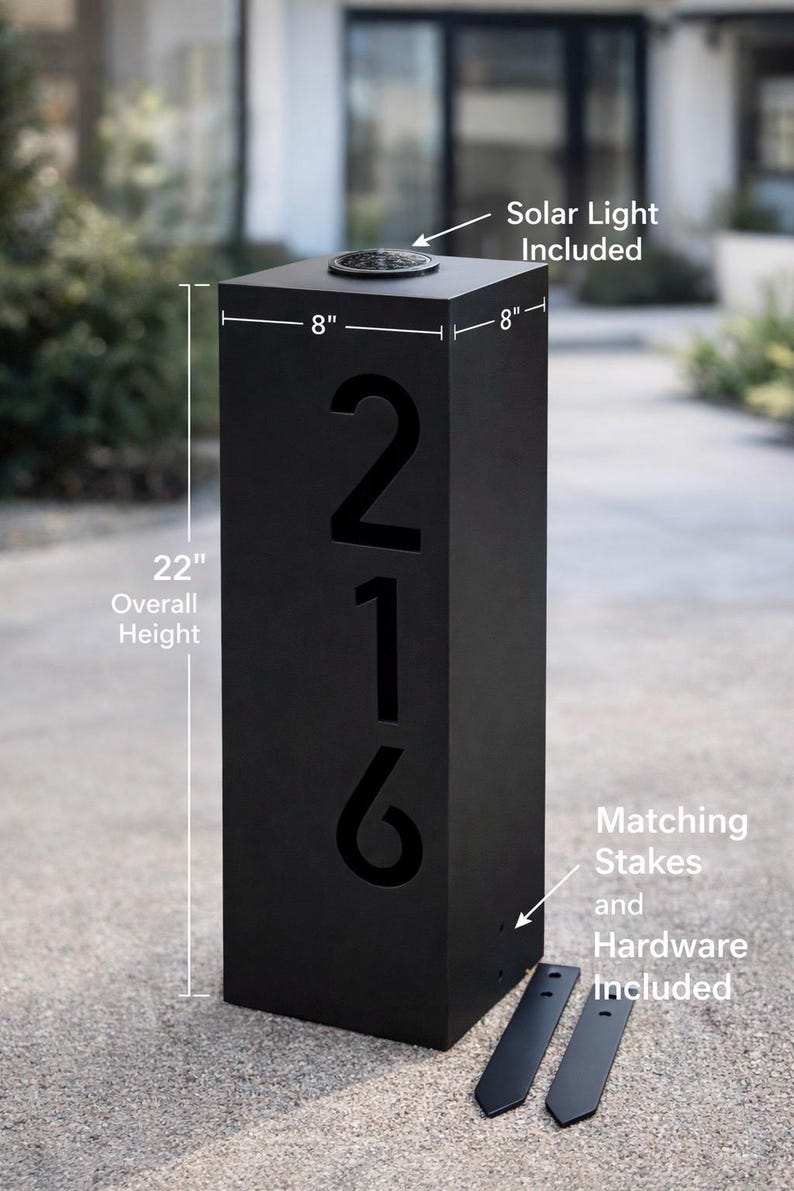 Modern Lighted Address Post 22” | 8x8 Steel Solar House Numbers ...