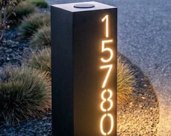 Modern Lighted Address Post 22” | 8x8 Steel Solar House Numbers | Illuminated Outdoor Address Sign | Contemporary Driveway Address Column