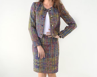 Tweed Suit with knee-length skirt, Women's Suit, Chanel Style, Classic Women's Suit, Wool Suit, Ladies Suit, Tweed Jacket