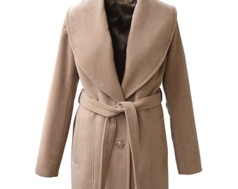 Women's Beige Coat, Camel 100% Wool Coat, Winter Cashmere Coats with belt, Women Coat