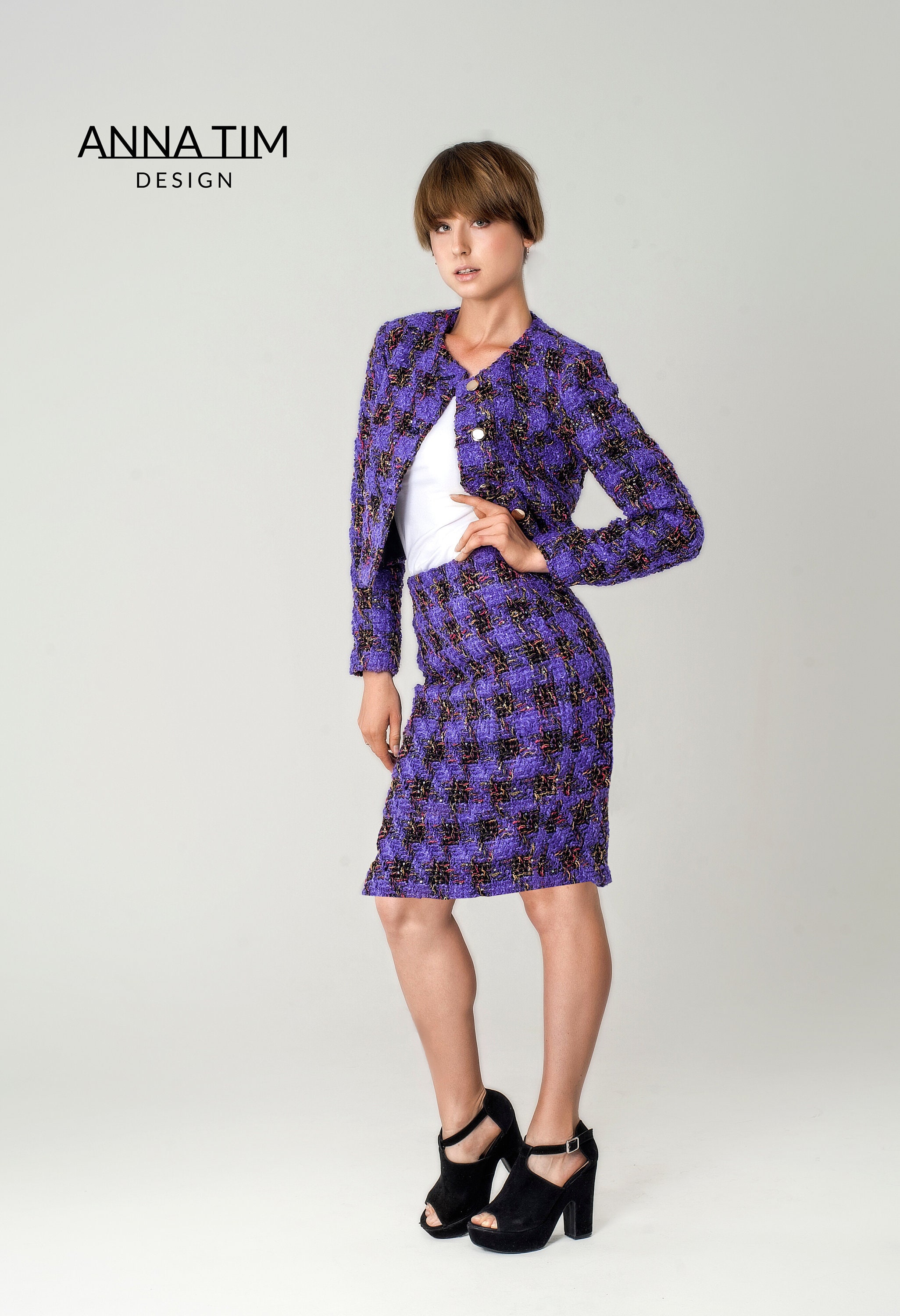 Chanel Purple & Multicolor Wool Blend Herringbone Tweed Skirt Suit