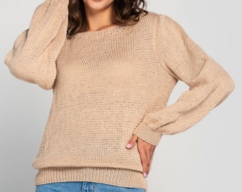 Beige Wool Sweater Women's warm sweater fall winter Hand knitted pullover
