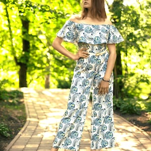 Jumpsuit For Women Spring Summer Casual Cotton Leaves Print Beach Overalls