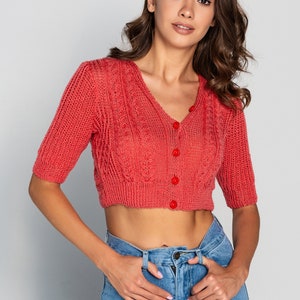 Cropped cardigan Knitted top Crop top  Women top Hand-knitted wool top Coral knit top Summer top Gift for her Knitwear Women&#39;s clothing