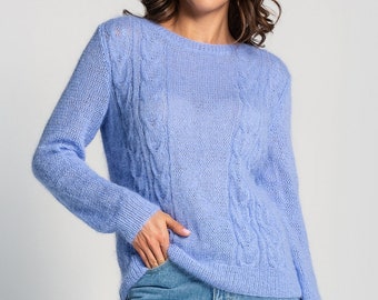 Fluffy Blue Angora Sweater Soft and Luxurious Women's warm sweater pullover Italian yarn