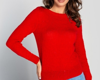 Red Wool Sweater Women's warm sweater fall winter Hand knitted pullover