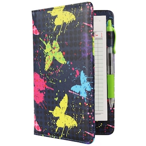 May include: A dark blue check presenter with a colorful butterfly and paint splatter design. The presenter has a pen and a receipt pad inside. The butterflies are yellow, pink, and blue.