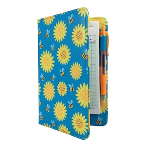 Libro de servidor de girasoles amarillos y abejas melíferas para camareras