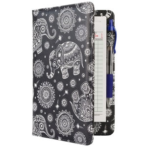 May include: A black clipboard with a white and black patterned design featuring elephants and mandalas. The clipboard has a built-in pen holder and a clear pocket for a notepad. The notepad has a red number "1" on the top right corner.