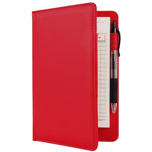 May include: A red leather clipboard with a notepad and a black pen. The notepad has a grid pattern and the words "Emergency" and "Account" are visible.