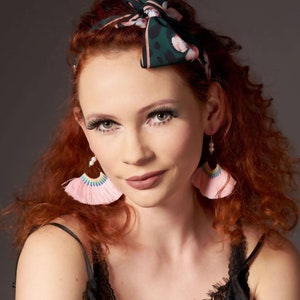 Bohemian pink fan tassel earrings. Cute pearl drop fringe earrings. Large modern statement earrings. Boho jewelry. Sister birthday gift