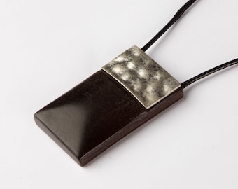 Geometric wood statement necklace for women. Simple long pendant necklace. Nature mens necklace. Minimalist boho necklace