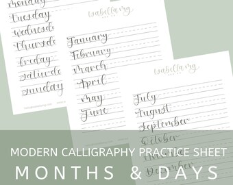 Modern Calligraphy Practice Sheets | Lettering Practice Guide | Digital Download | Month, Days Lettering Practice Sheets