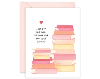 TBR Love List Greeting Card | Bookish Valentine's Day Card | Book Worm Card | Pink Love Card | Book Stack Anniversary Card | Stack of Books