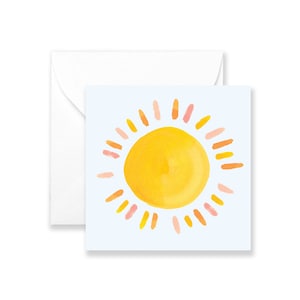 May include: A watercolor illustration of a yellow sun with orange and pink rays on a light blue background.