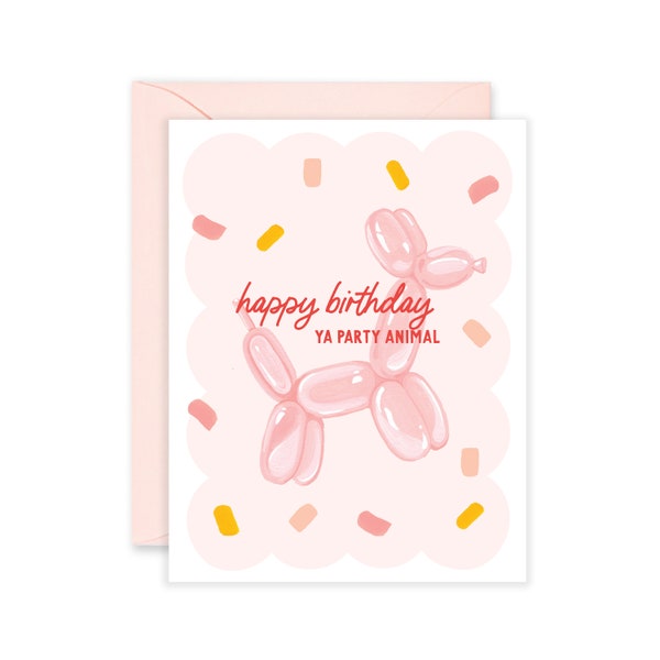 Happy Birthday, Balloon Party Animal Greeting Card | Fun Pink Birthday Card For Friend |  Happy Birthday Card | Birthday Card For Her