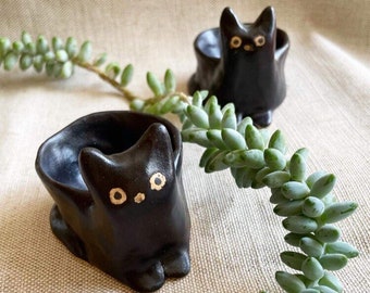 Tiny succulent planter - black cat figurine plant pot - small ceramic handmade indoor planter - home decor design