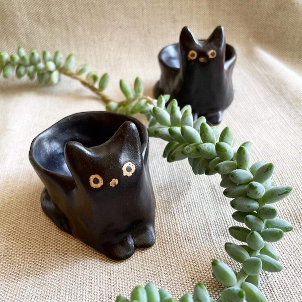 Tiny succulent planter - black cat figurine plant pot - small ceramic handmade indoor planter - home decor design