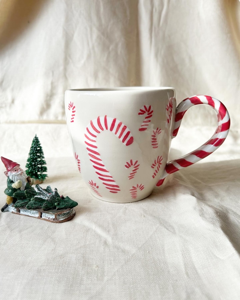 Candy cane mug White and red pottery handmade large buck 22 ounces capacity image 1