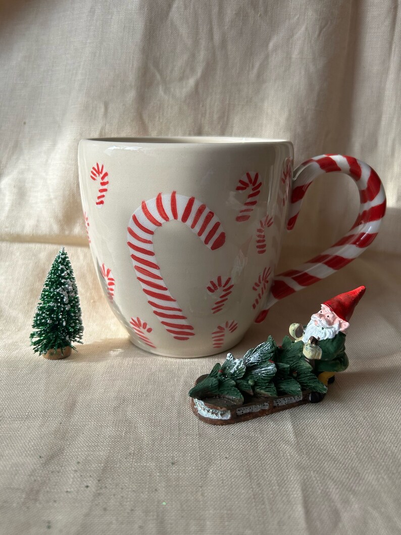 Candy cane mug White and red pottery handmade large buck 22 ounces capacity image 3