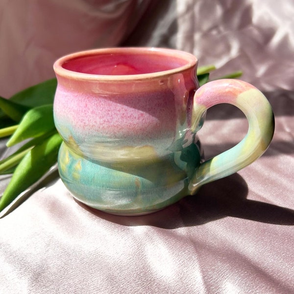 Handmade Small Ceramic Mug – Pink Marshmallow Swirl, Pastel Latte Cup
