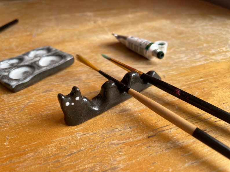 Black Kitty Brush Holder Art and Painting Accessories Etsy