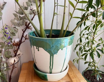 Large pot à plante d'intérieur en porcelaine - blanc et vert