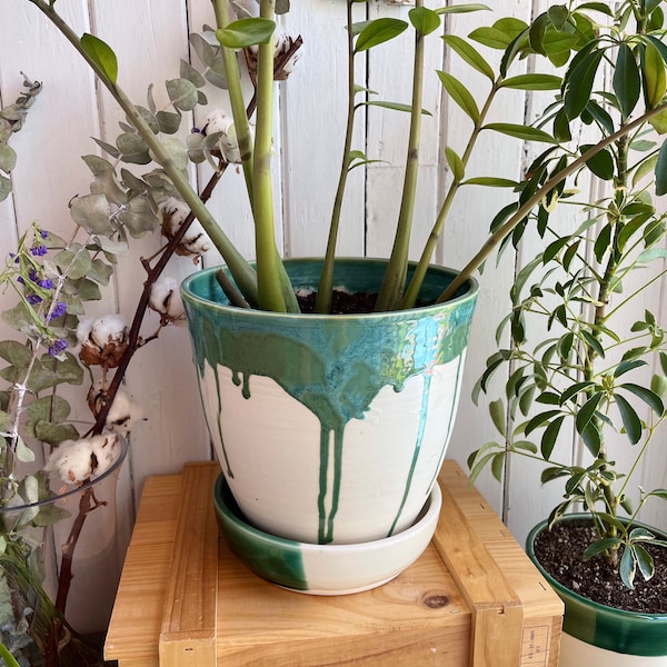 Ceramic planter - Large 9”X9” red or white ceramic indoor planter with turquoise green, blue or pink glaze