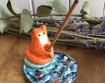 Kitty incense holder- handmade ceramic featuring an orange cat fishing over a blue turquoise pond - Available in orange, black, white, gray