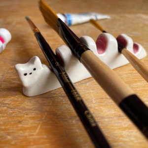 Kitty ceramic handmade brush holder in white or pink
