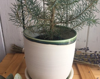 Pot large avec soucoupe pour plante fait à la main vert profond - Deep green handmade large planter with plate